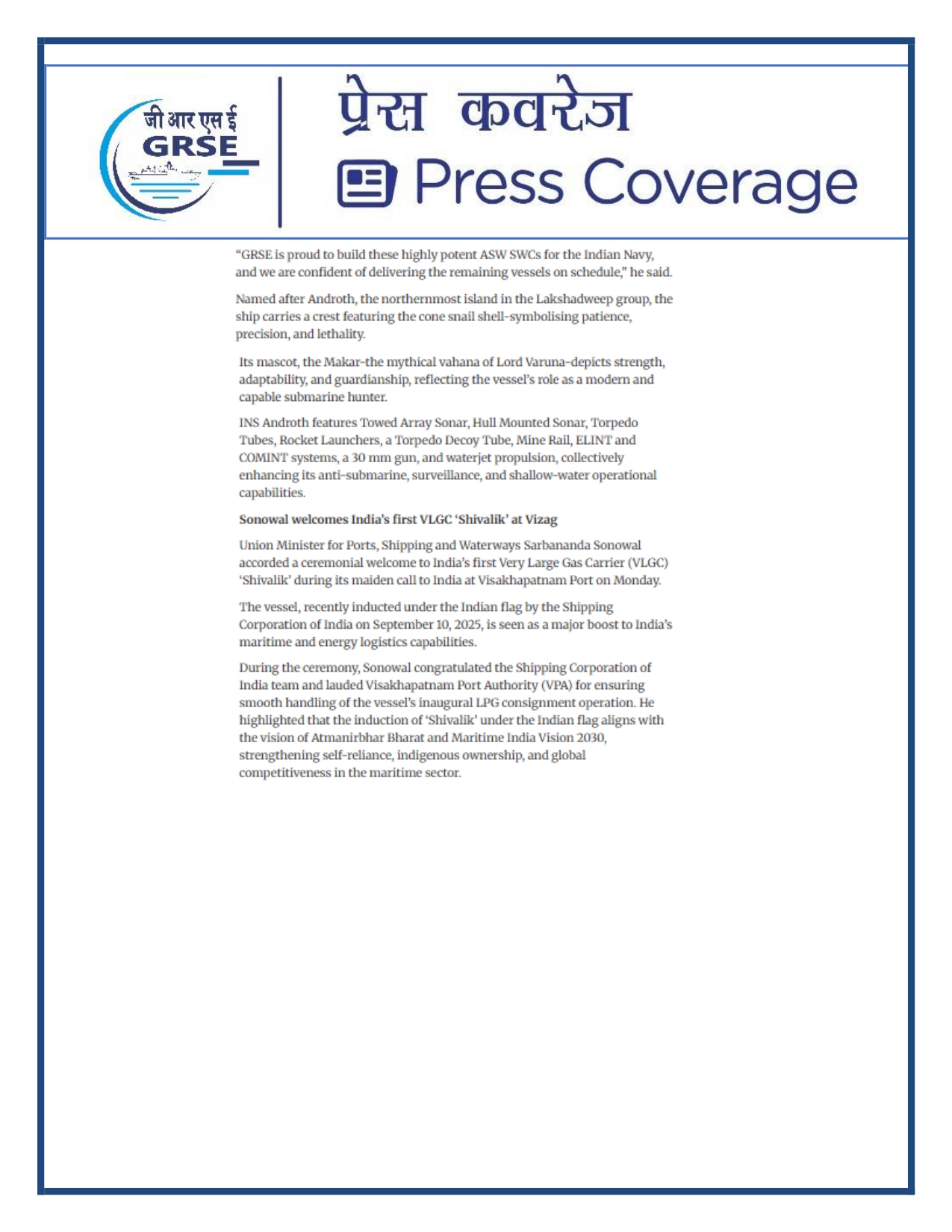 Press Coverage : 07 Oct 25:Proud Moment For GRSE As Second ASW SWC INS Androth Gets Commissioned Into Navy  